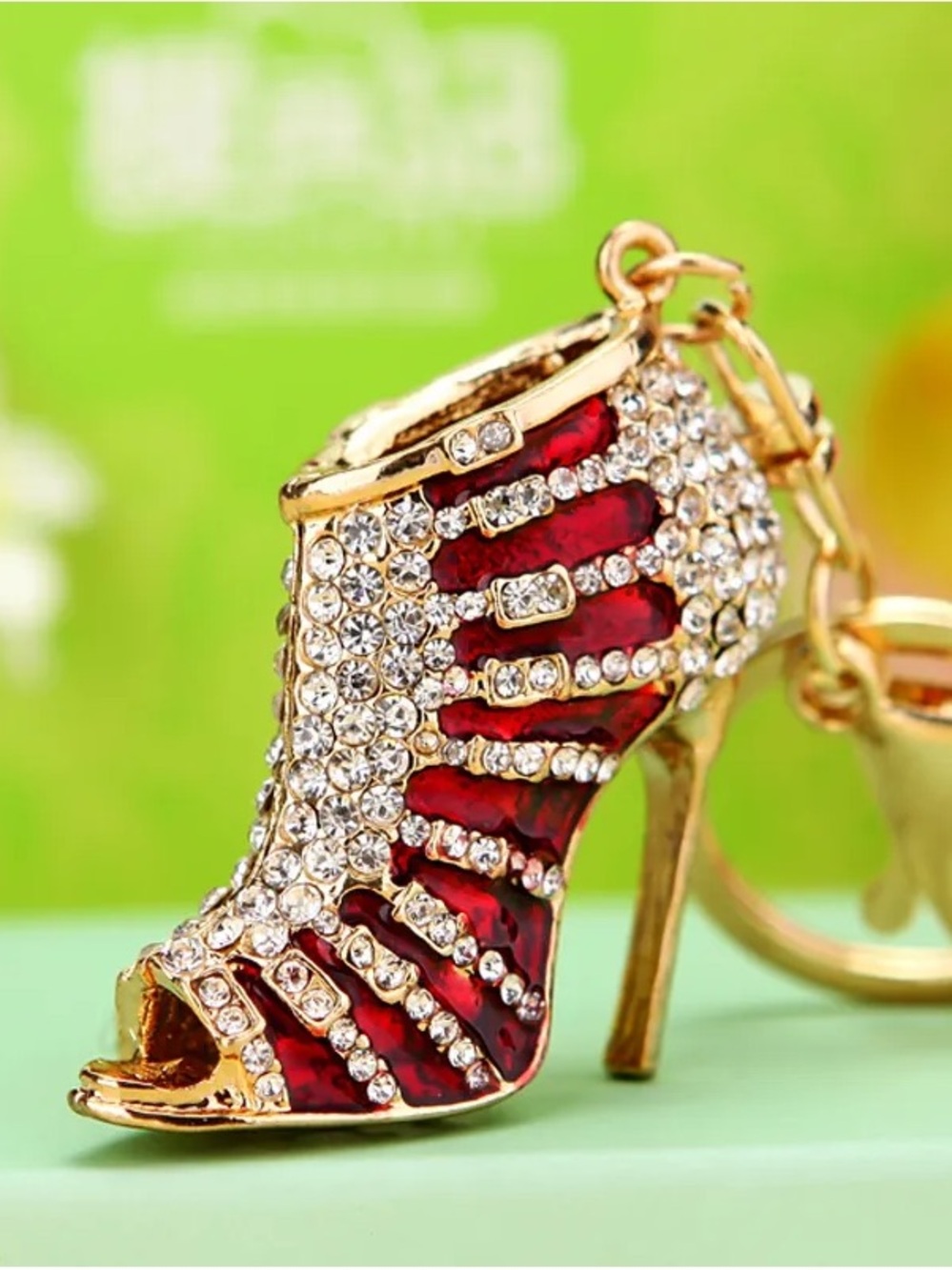Gold & Red Crystal High Heel Keychain Charm - Women Shoes